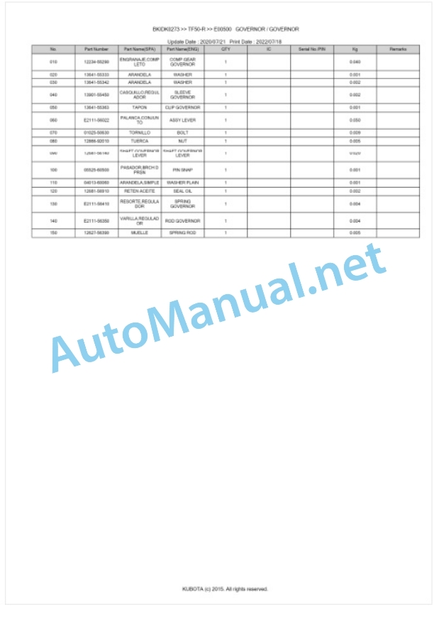 Kubota TF50-R Parts Manual PDF BKIDK0273-2