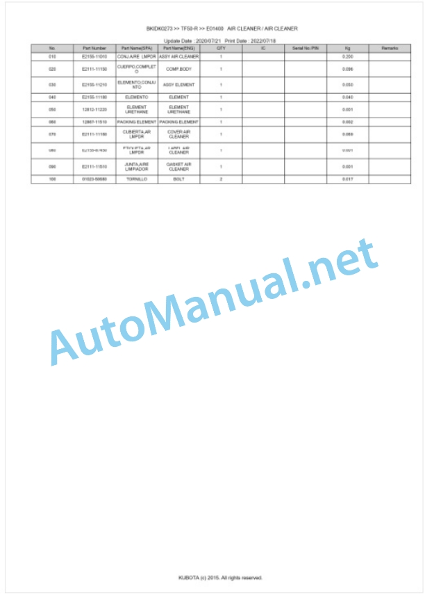 Kubota TF50-R Parts Manual PDF BKIDK0273-4