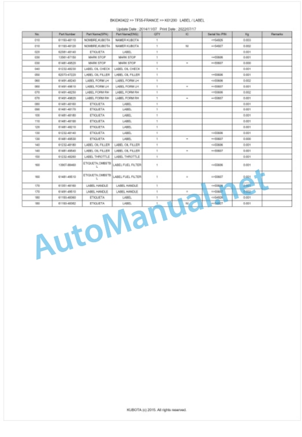 Kubota TF55-FRANCE Parts Manual PDF BKIDK0422-5