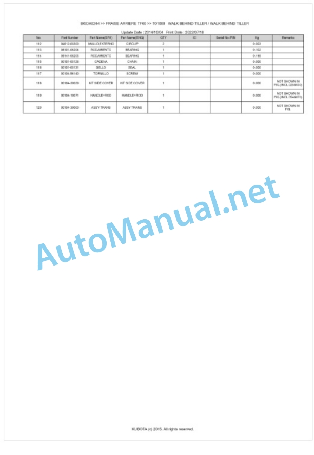 Kubota TF60 Fraise Arriere Parts Manual PDF BKIDA0244-3