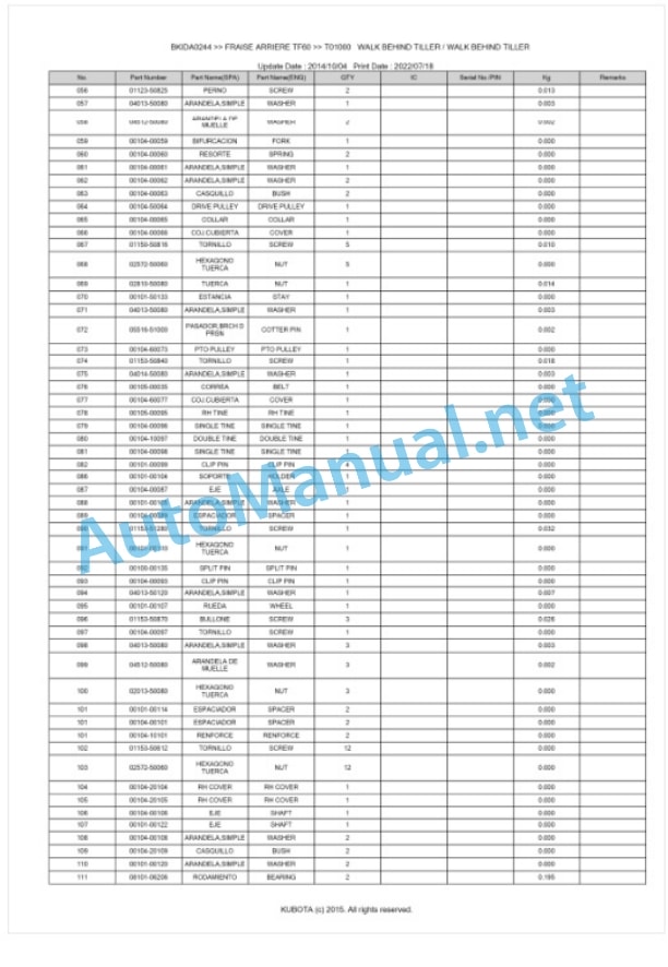 Kubota TF60 Fraise Arriere Parts Manual PDF BKIDA0244-4