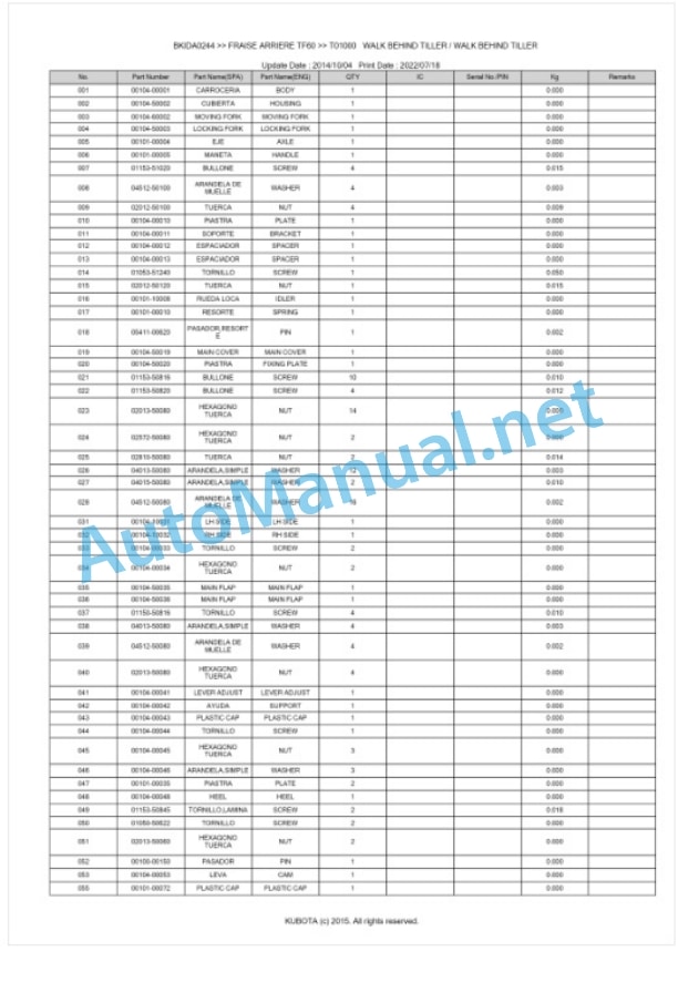 Kubota TF60 Fraise Arriere Parts Manual PDF BKIDA0244-5