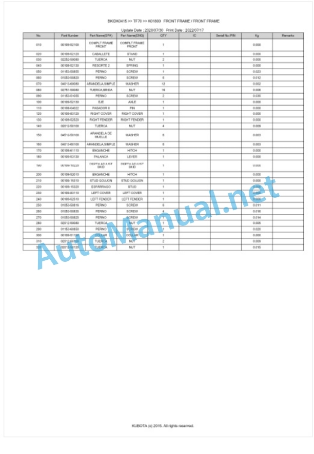 Kubota TF70 Parts Manual PDF BKIDK0415-5