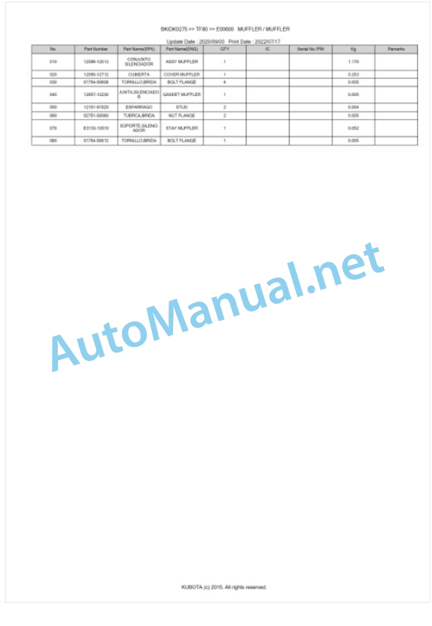 Kubota TF80 Parts Manual PDF BKIDK0275-2