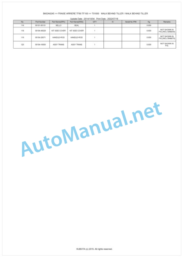 Kubota TF80, TF100 Fraise Arriere Parts Manual PDF BKIDA0245-3