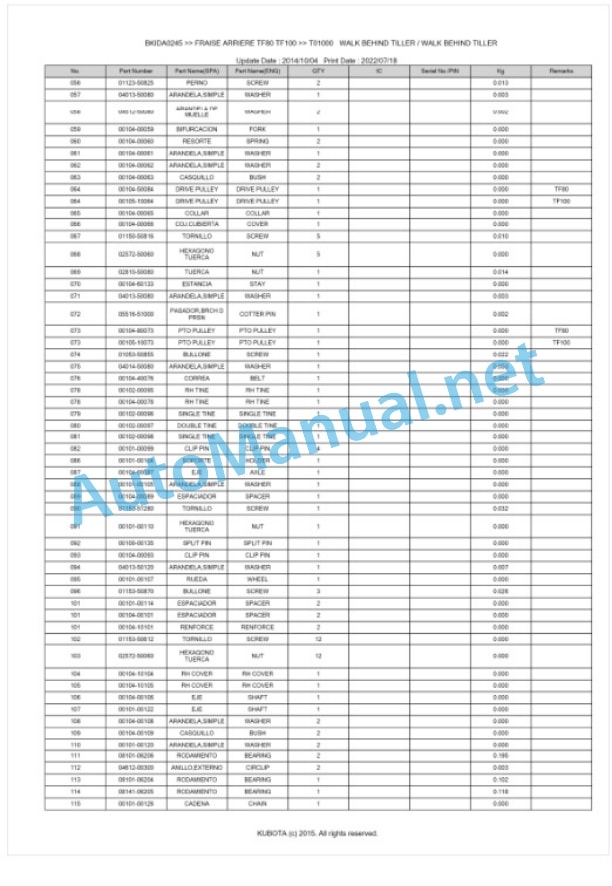 Kubota TF80, TF100 Fraise Arriere Parts Manual PDF BKIDA0245-4