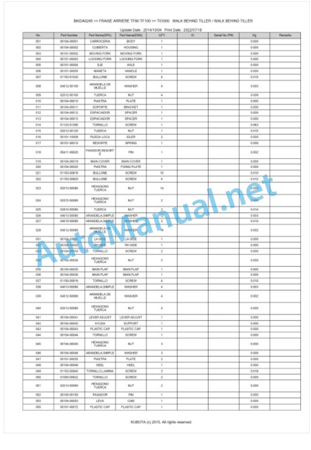 Kubota TF80, TF100 Fraise Arriere Parts Manual PDF BKIDA0245-5