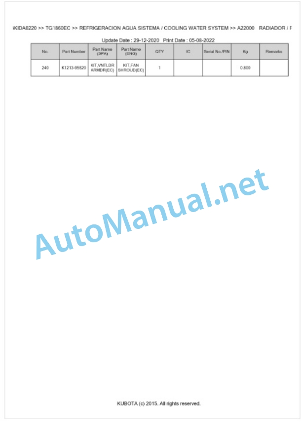 Kubota TG1860EC Parts Manual PDF BKIDA0220-4