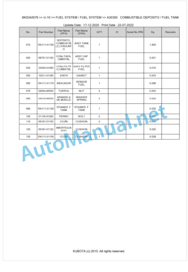 Kubota U-10 Parts Manual PDF BKIDA0079-2