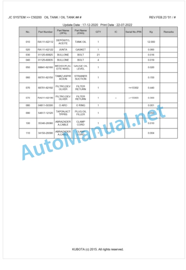 Kubota U-10 Parts Manual PDF BKIDA0079-3