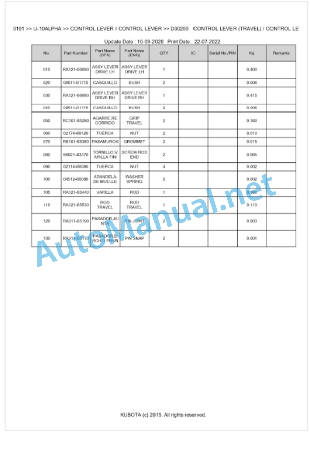 Kubota U-10ALPHA Parts Manual PDF BKIDA0191-4