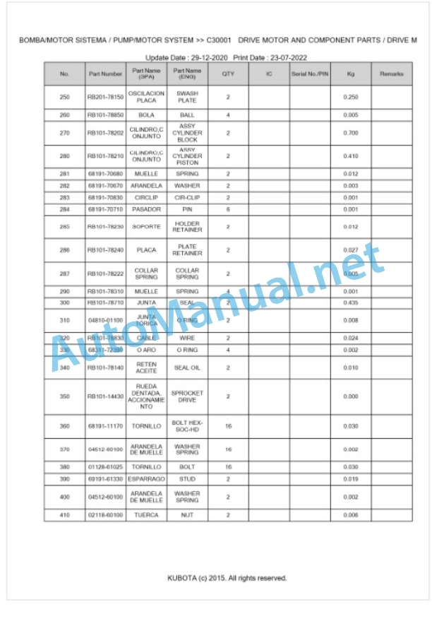 Kubota U-15 Parts Manual PDF BKIDA0215-3