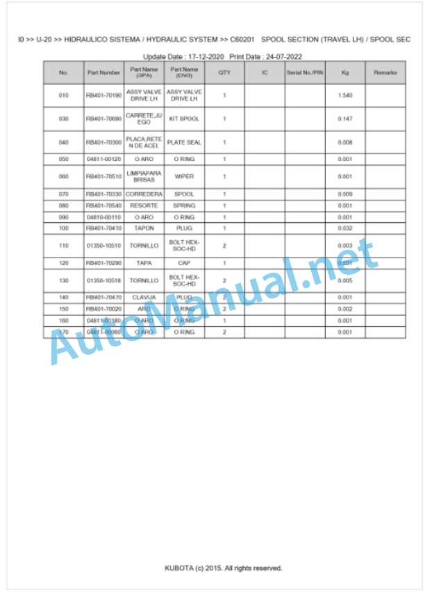 Kubota U-20 Parts Manual PDF BKIDA0080-3