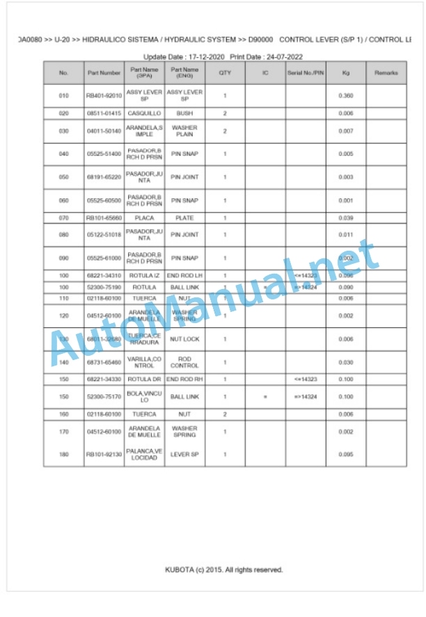 Kubota U-20 Parts Manual PDF BKIDA0080-4