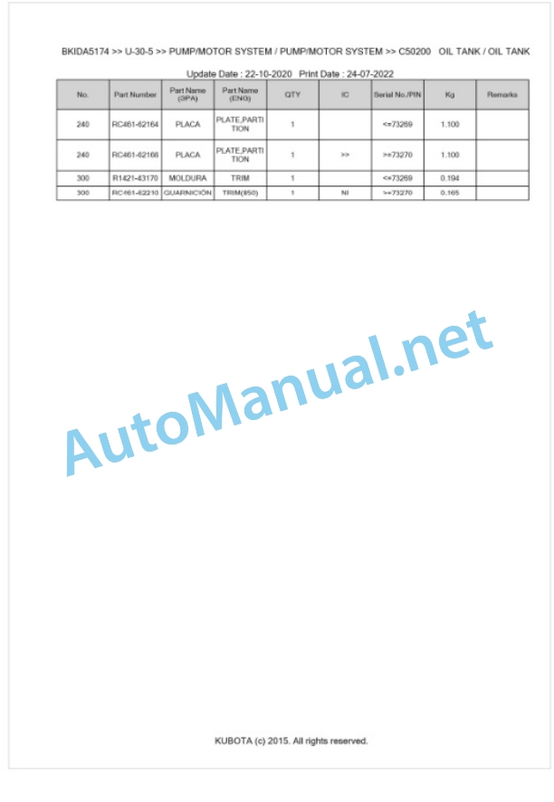 Kubota U-30-5 Parts Manual PDF BKIDA5174-3