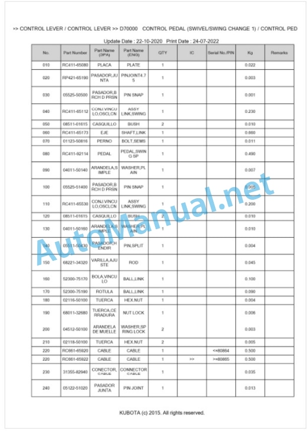 Kubota U-30-5 Parts Manual PDF BKIDA5174-4