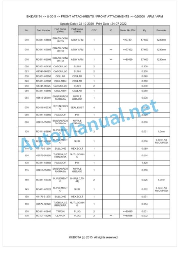 Kubota U-30-5 Parts Manual PDF BKIDA5174-5