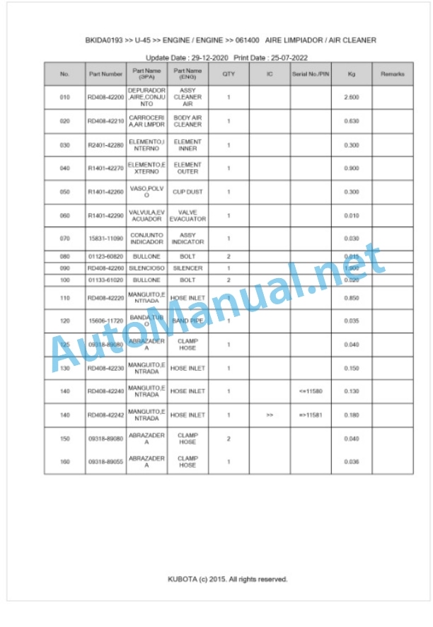 Kubota U-45 Parts Manual PDF BKIDA0193-2