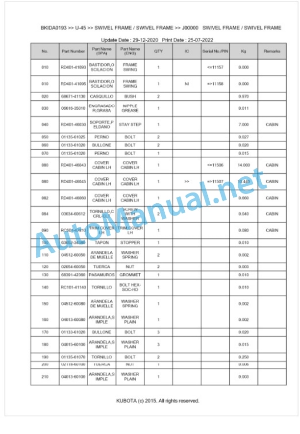 Kubota U-45 Parts Manual PDF BKIDA0193-5