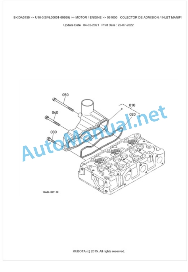 Kubota U10-3 Parts Manual PDF BKIDA5159-2