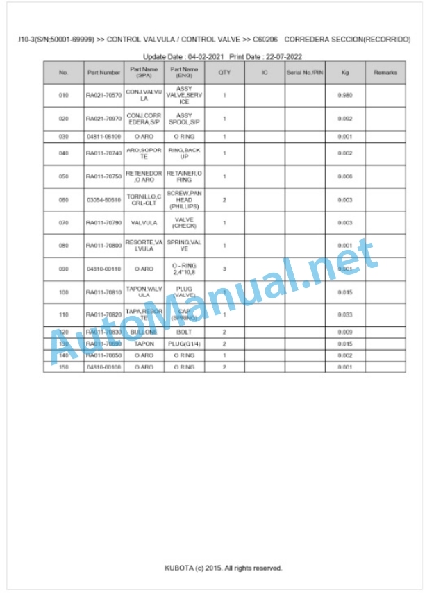 Kubota U10-3 Parts Manual PDF BKIDA5159-3