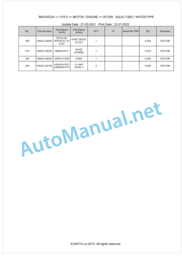 Kubota U10-5 Parts Manual PDF BKIDA5224-2