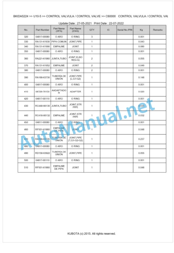 Kubota U10-5 Parts Manual PDF BKIDA5224-3