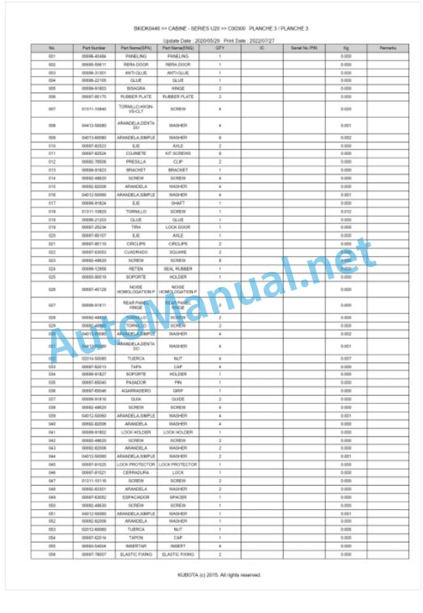 Kubota U20 Series CABINE Parts Manual PDF BIKDK0446-3