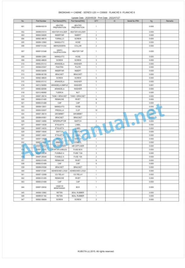 Kubota U20 Series CABINE Parts Manual PDF BIKDK0446-5