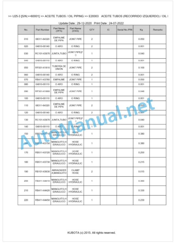 Kubota U25-3 Parts Manual PDF BKIDA0279-4