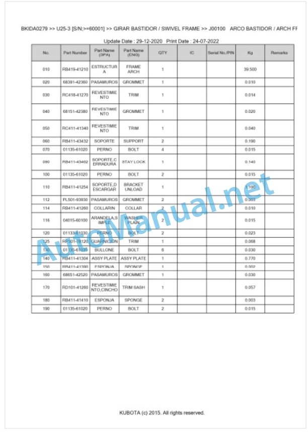 Kubota U25-3 Parts Manual PDF BKIDA0279-5