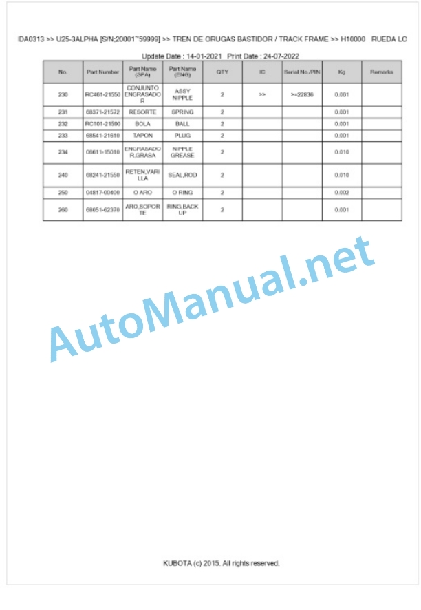 Kubota U25-3a Parts Manual PDF BKIDA0313-5