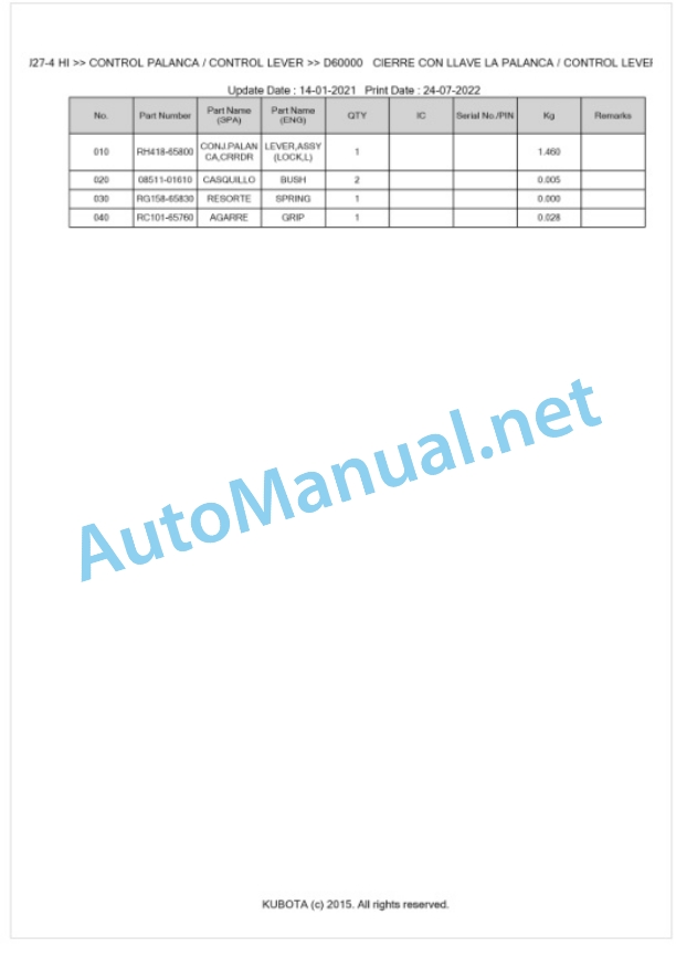 Kubota U27-4 HI Parts Manual PDF BKIDA5125-3