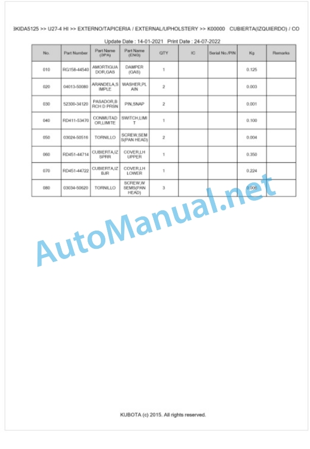 Kubota U27-4 HI Parts Manual PDF BKIDA5125-4