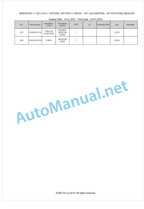 Kubota U27-4 HI Parts Manual PDF BKIDA5125-5