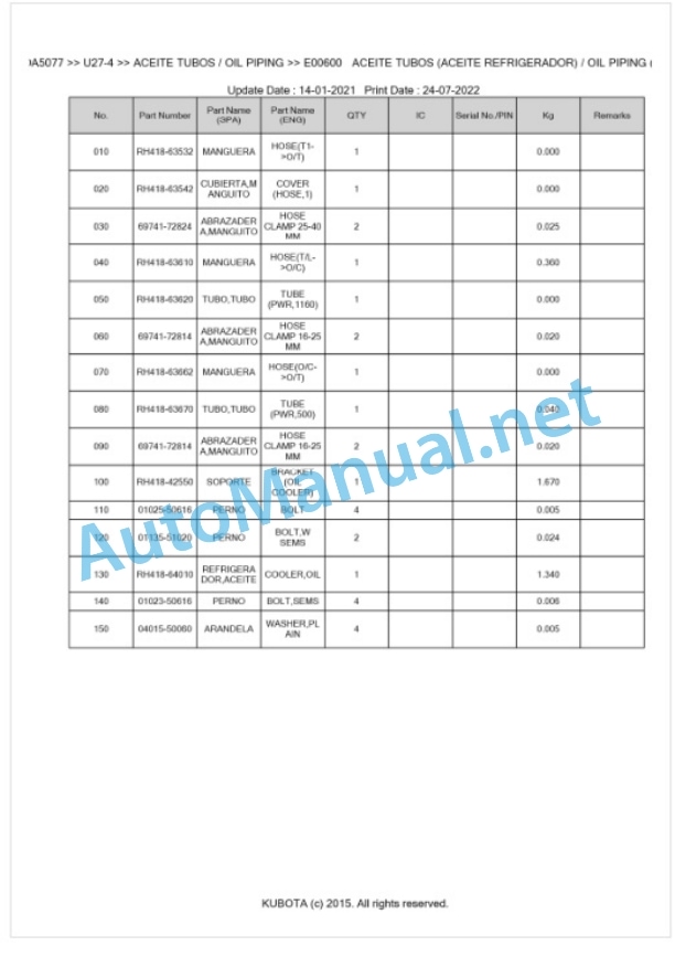 Kubota U27-4 Parts Manual PDF BKIDA5077-3