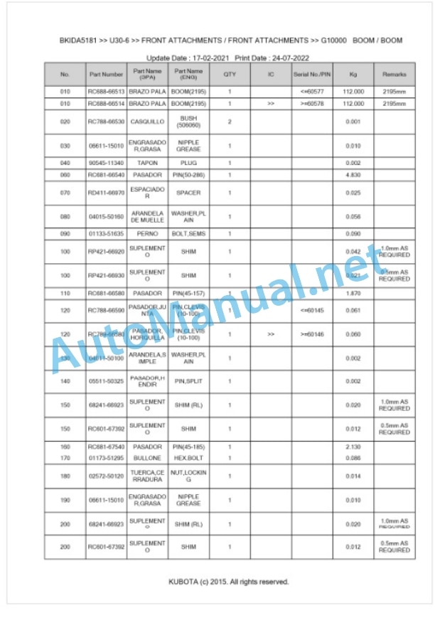 Kubota U30-6 Parts Manual PDF BKIDA5181-5