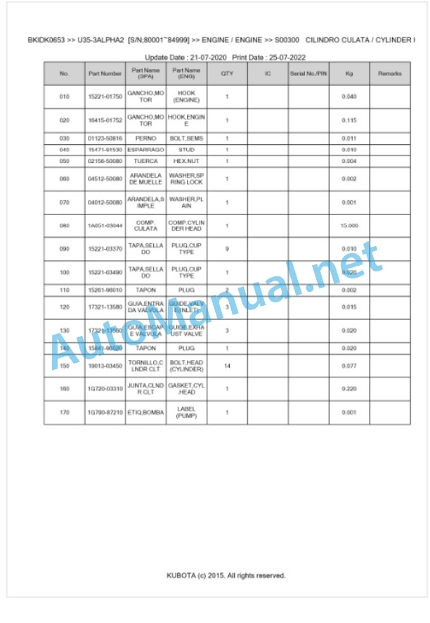 Kubota U35-3ALPHA2 Parts Manual PDF BKIDK0653-2