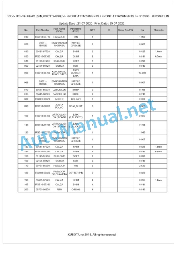 Kubota U35-3ALPHA2 Parts Manual PDF BKIDK0653-5