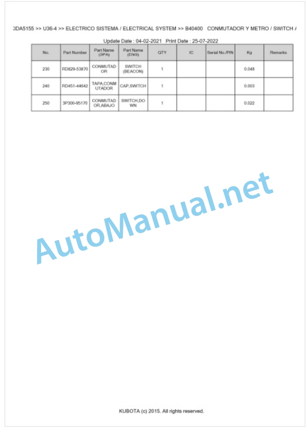 Kubota U36-4 Parts Manual PDF BKIDA5155-2