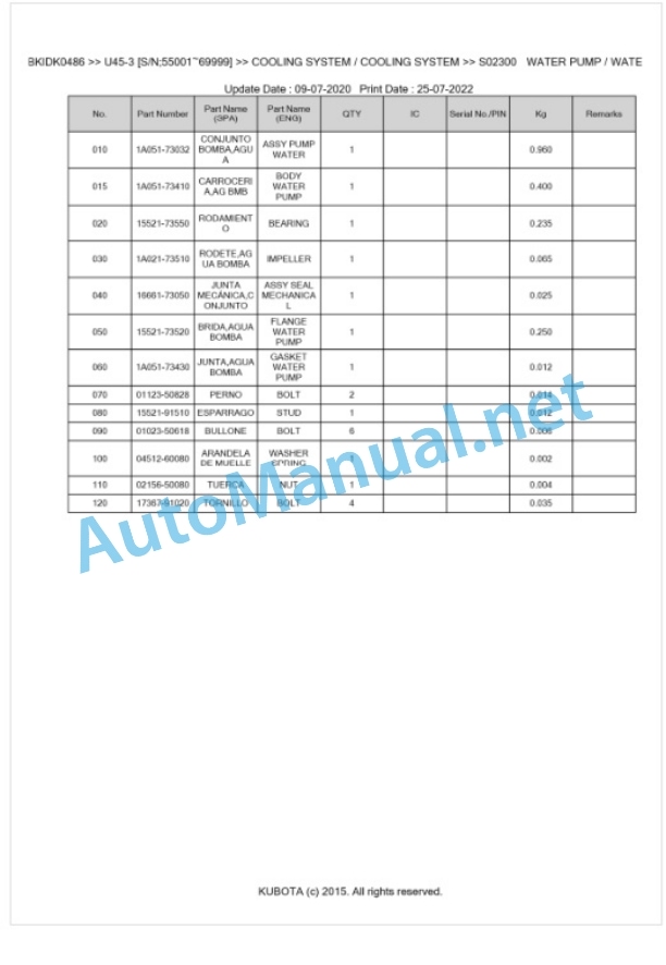 Kubota U45-3 Parts Manual PDF BKIDK0486-2