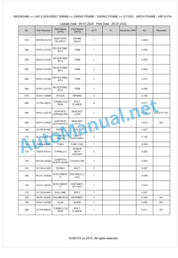 Kubota U45-3 Parts Manual PDF BKIDK0486-5