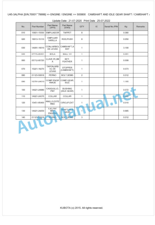 Kubota U45-3ALPHA Parts Manual PDF BKIDK0571-2