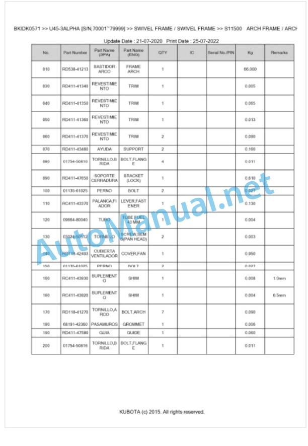 Kubota U45-3ALPHA Parts Manual PDF BKIDK0571-5