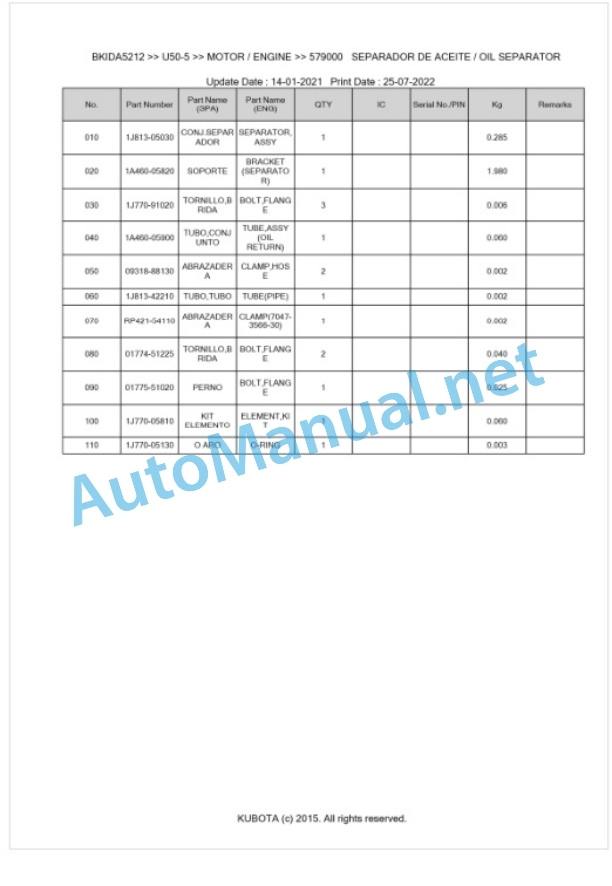 Kubota U50-5 Parts Manual PDF BKIDA5212-2