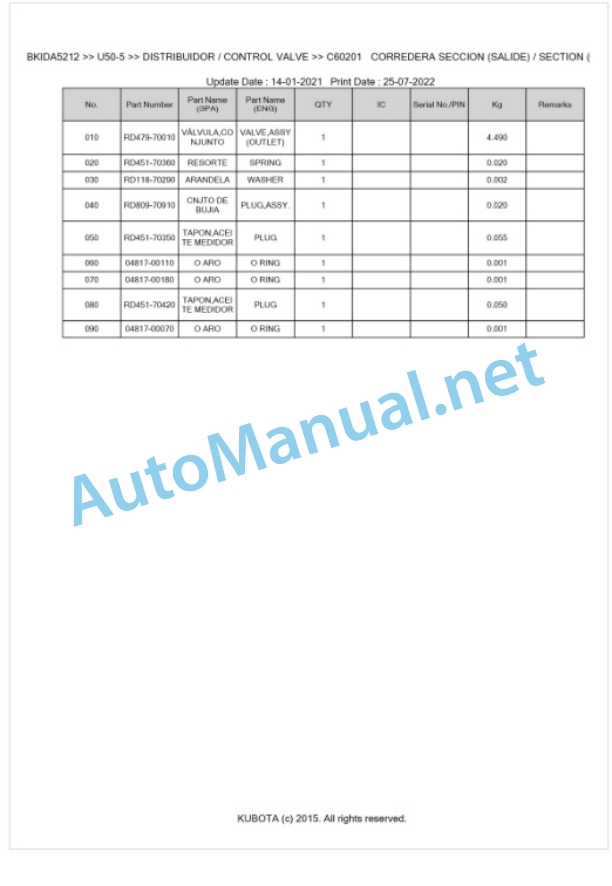 Kubota U50-5 Parts Manual PDF BKIDA5212-3