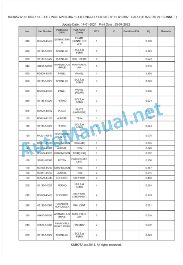 Kubota U50-5 Parts Manual PDF BKIDA5212-5