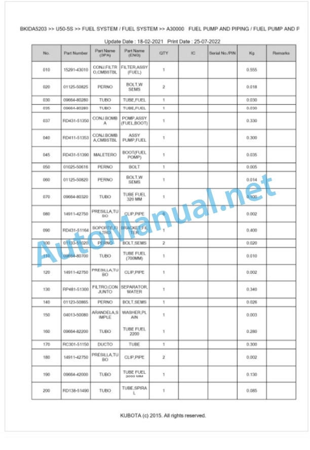 Kubota U50-5S Parts Manual PDF BKIDA5203-2