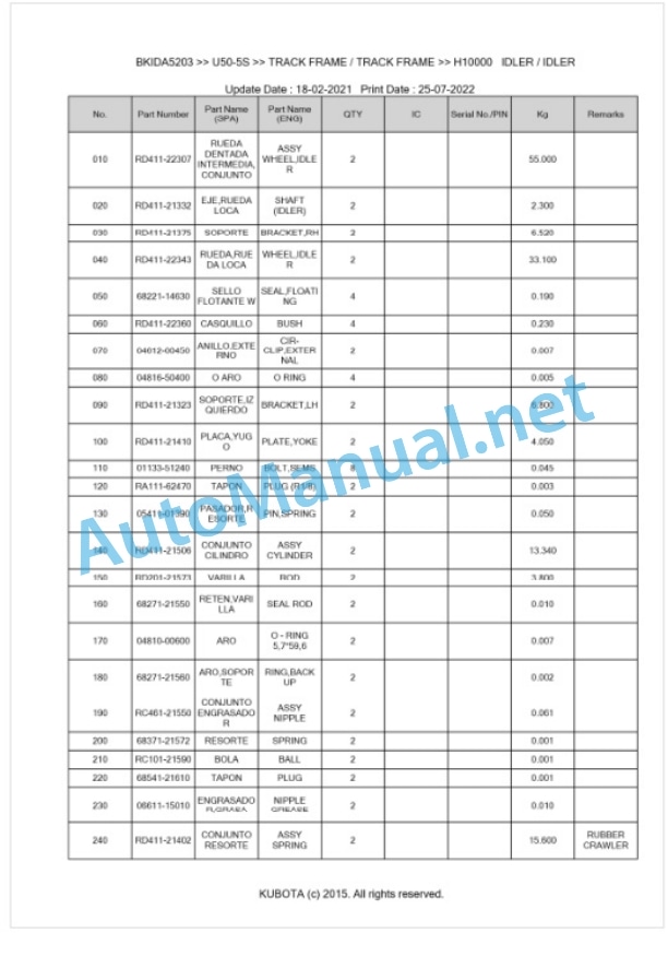 Kubota U50-5S Parts Manual PDF BKIDA5203-5