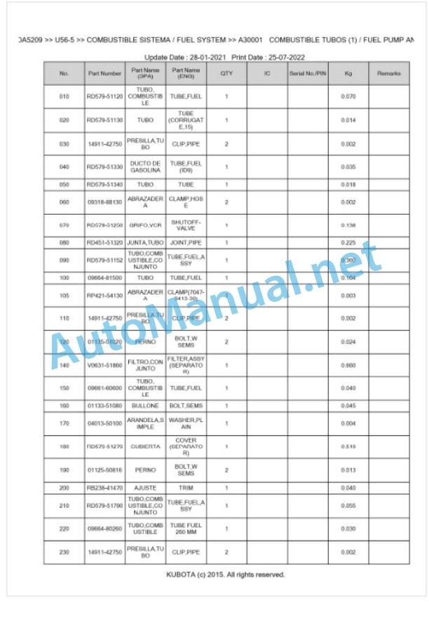 Kubota U56-5 Parts Manual PDF BKIDA5209-2